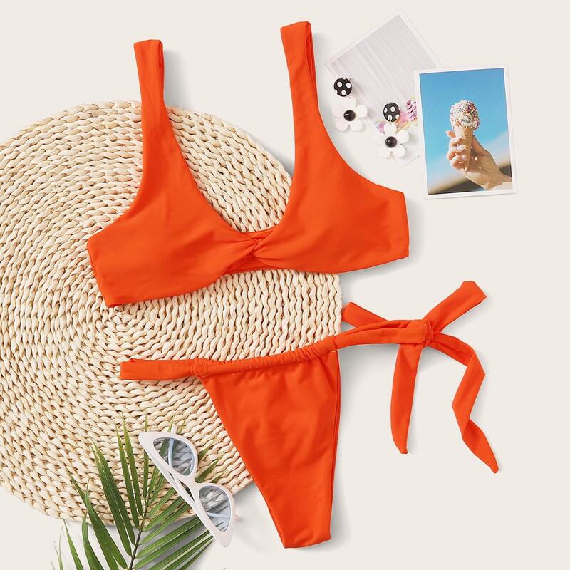 

Neon Orange Twist Front Tie Side Bikini Swimsuit