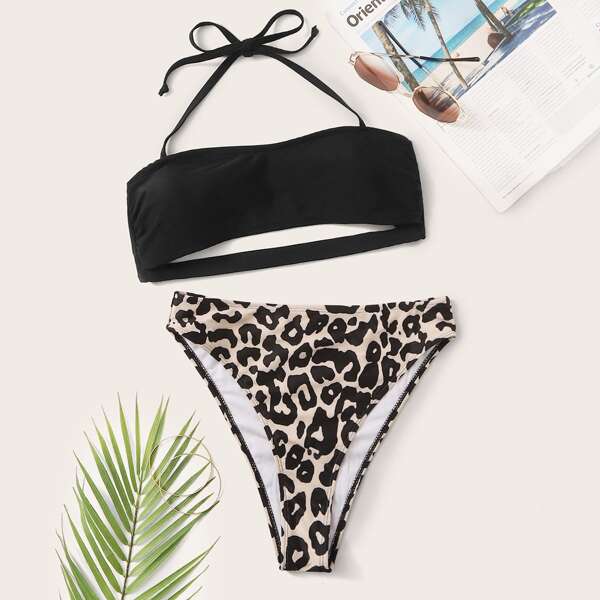 

Leopard Halter High Waisted Bikini Swimsuit, Multicolor
