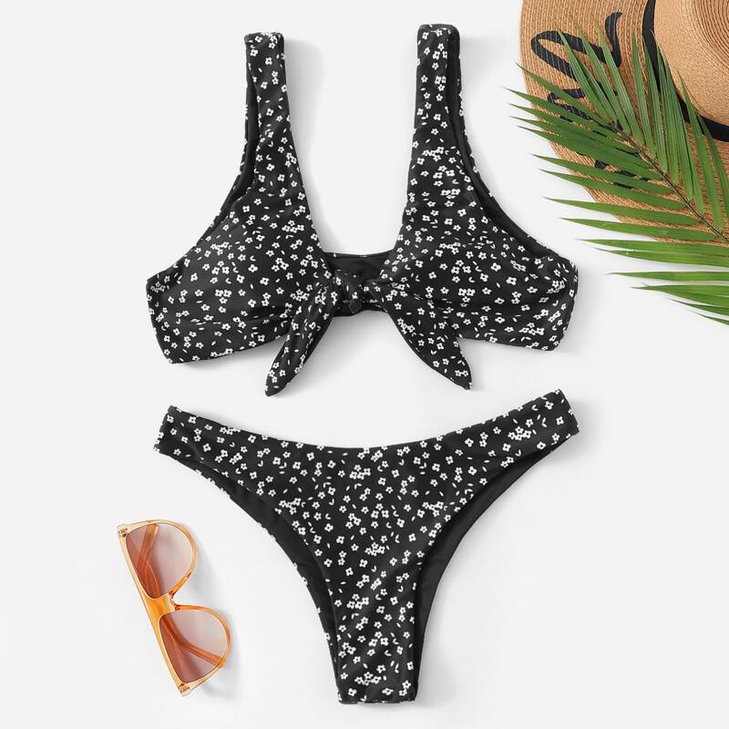 

Ditsy Floral Knot Front Cheeky Bikini Swimsuit, Black