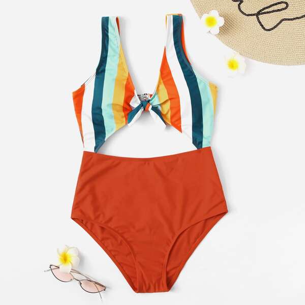 

Striped Cut-out Knot Front One Piece Swimsuit, Multicolor
