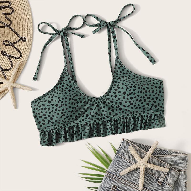

Dalmatian Print Tie Shoulder Bikini Top, Green