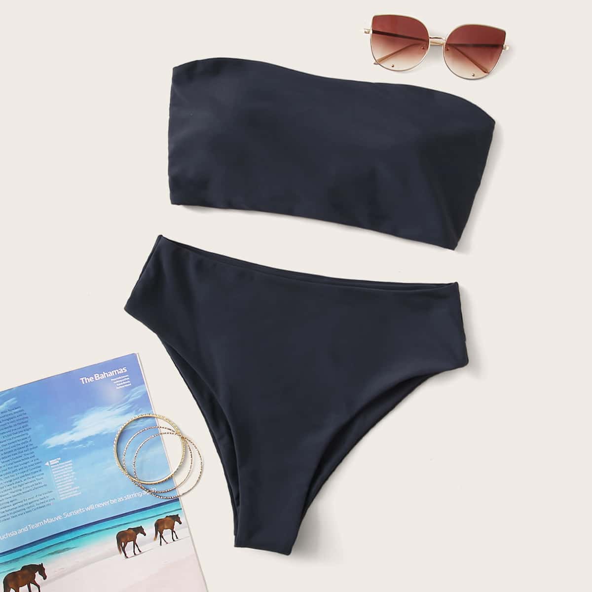 

Lace-up Back Bandeau High Waisted Bikini Swimsuit, Dark grey
