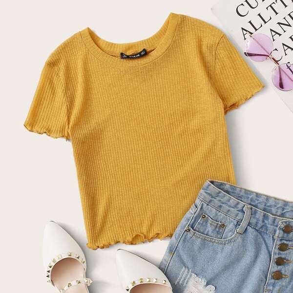 

Lettuce Trim Rib-knit Top, Yellow