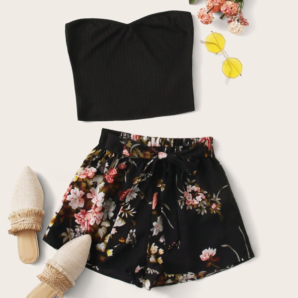 

Rib-knit Tube Top & Belted Floral Shorts Set, Black