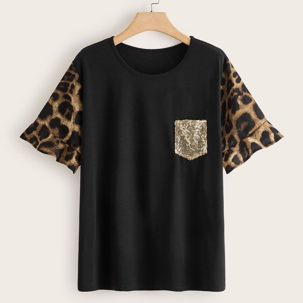 

Plus Sequins Pocket Leopard Flounce Sleeve Tee, Black