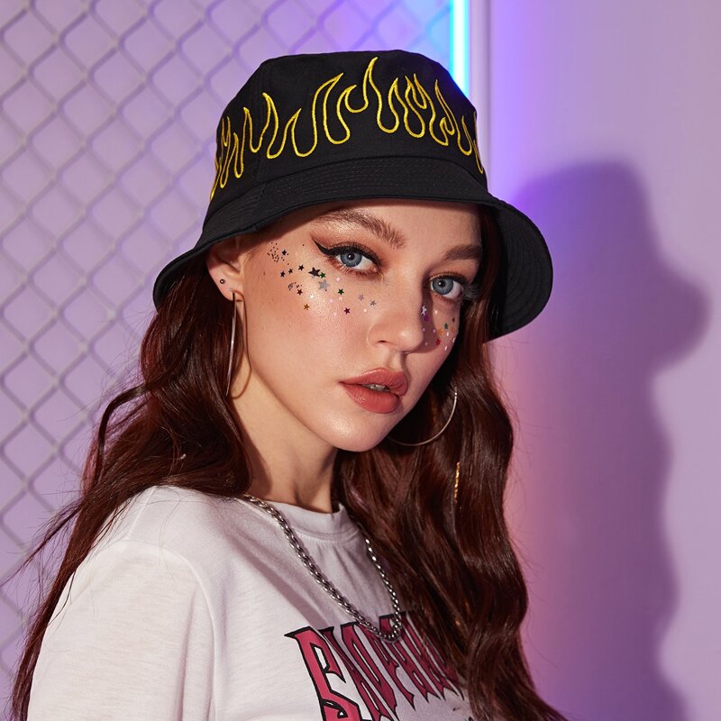 

Fire Embroidery Bucket Hat, Black