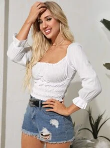 SHEIN Unity 白色休閒褶皺邊簡約襯衫 - 白色 - 查看 4