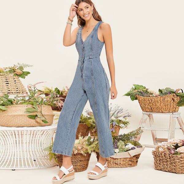 

V-Neck Button Up Sleeveless Denim Overall Jumpsuit, Blue