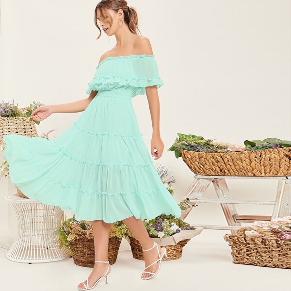 

Off Shoulder Shirred Ruffle A-Line Midi Dress, Green pastel