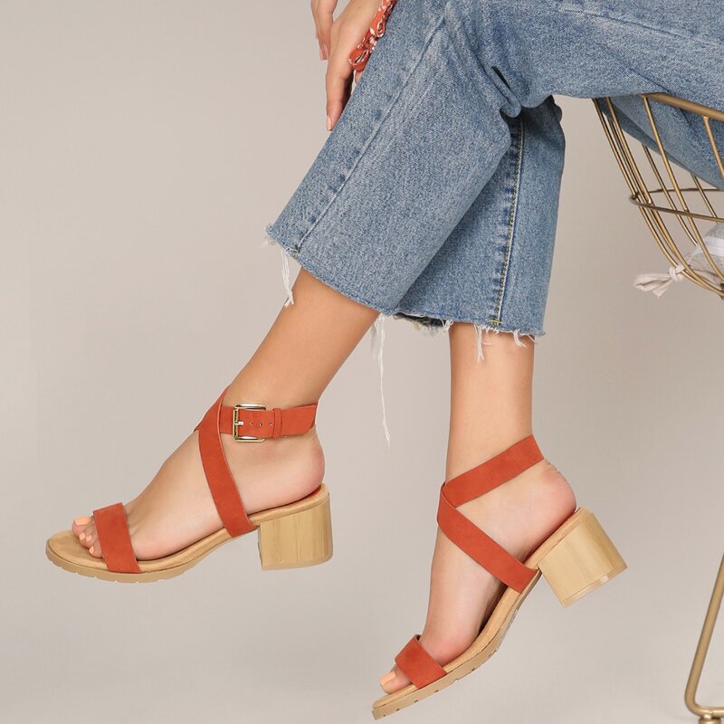 

Buckled Ankle Wrap Low Block Heel Sandals, Orange