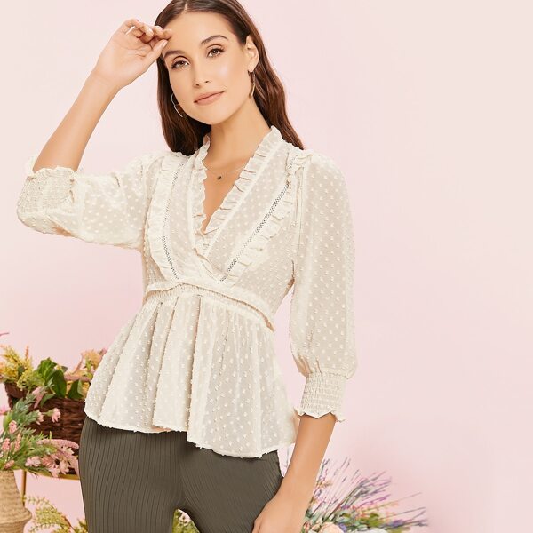 

Ruffle Trim Quarter Sleeve Swiss Dot Blouse, Beige