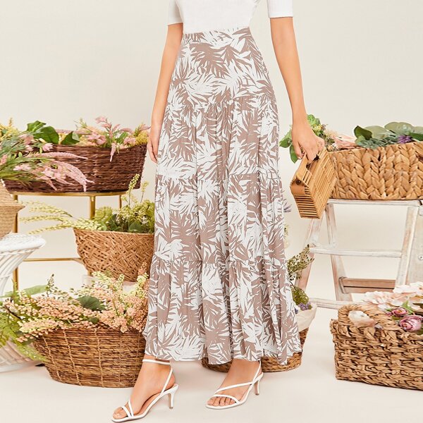 

Elastic Waist Leaf Print Shirred A-Line Maxi Skirt, Multicolor