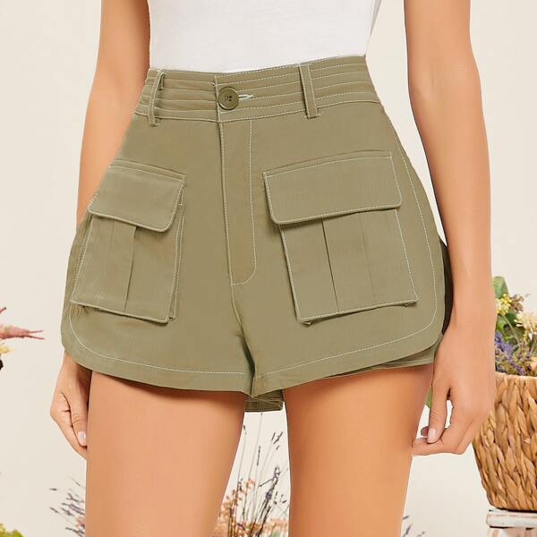 

Contrast Stitching Cargo Shorts, Army green