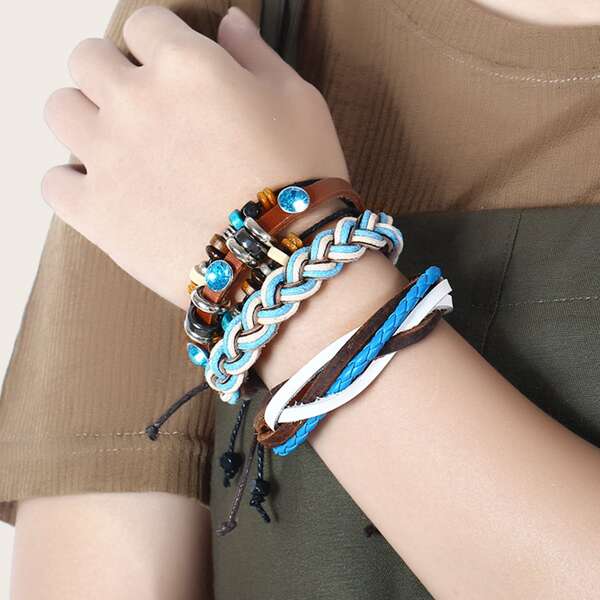 

3pcs Men Color Block Braided String Bracelet, Multicolor