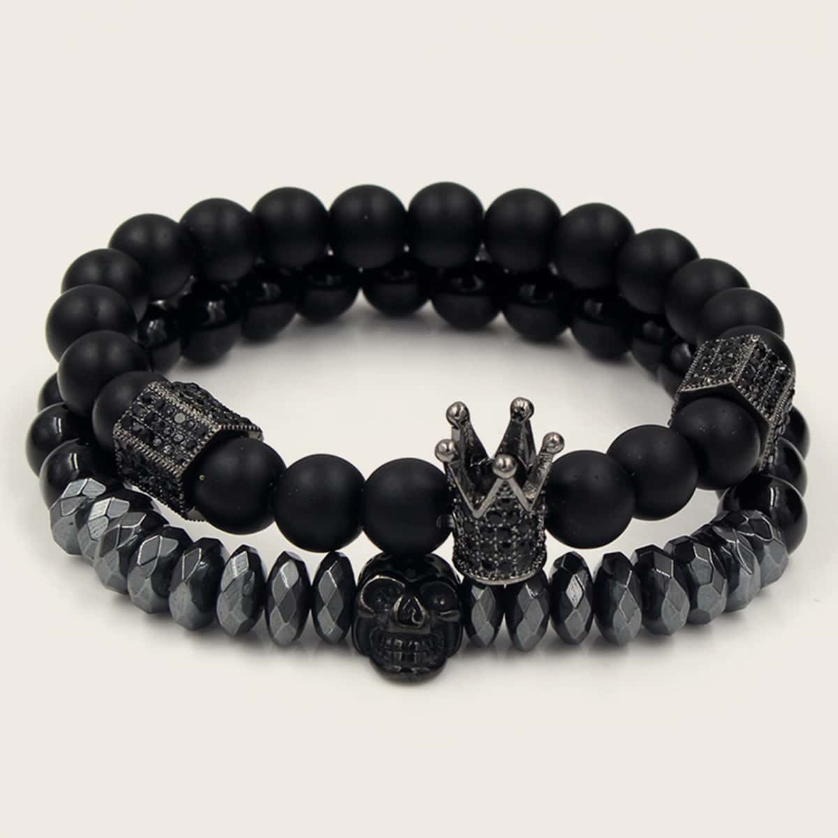 

2pcs Guys Skull Decor Beaded Bracelet, Black
