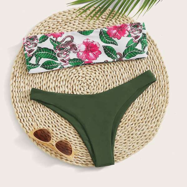 

Floral & Animal Bandeau Cheeky Bikini Swimsuit, Multicolor