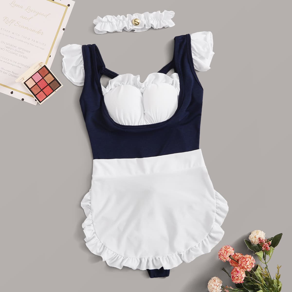 

Frill Trim Uniform Sexy Costume With Choker, Multicolor