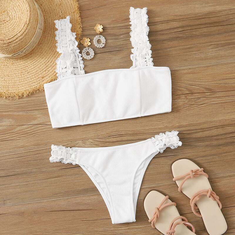 

Rib Contrast Lace Cheeky Bikini, White