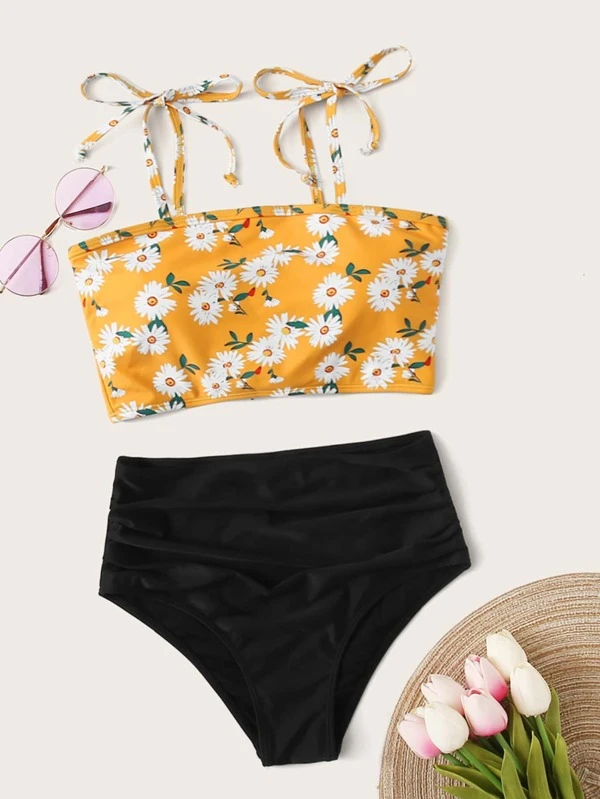 Daisy Lace Up Back Tie Shoulder High Waist Bikini Swimsuit Shein Usa