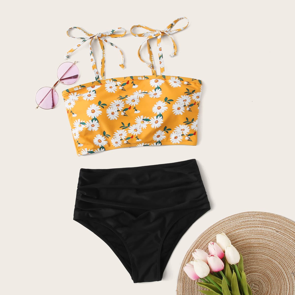 

Daisy Lace-up Back Tie Shoulder High Waist Bikini Swimsuit, Multicolor