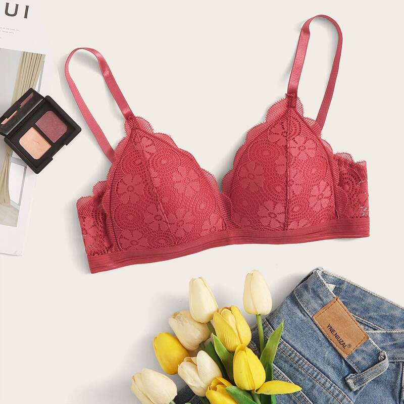 

Scallop Floral Lace Bra, Red