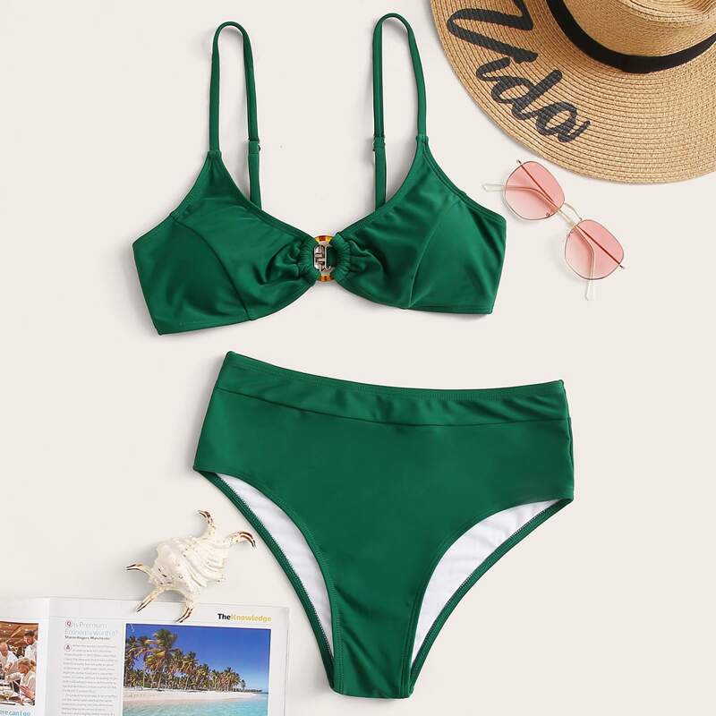 

Ring Linked High Waisted Bikini Swimsuit, Green