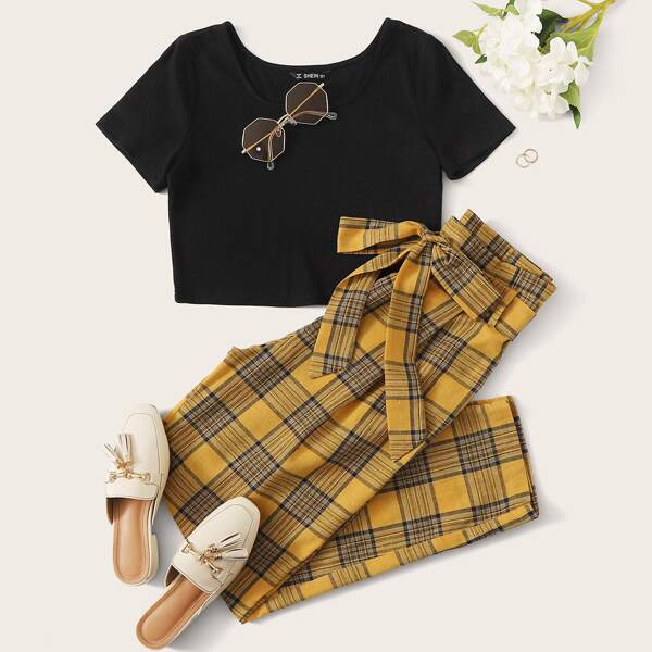 

Solid Crop Top & Tartan Belted Pants Set, Multicolor