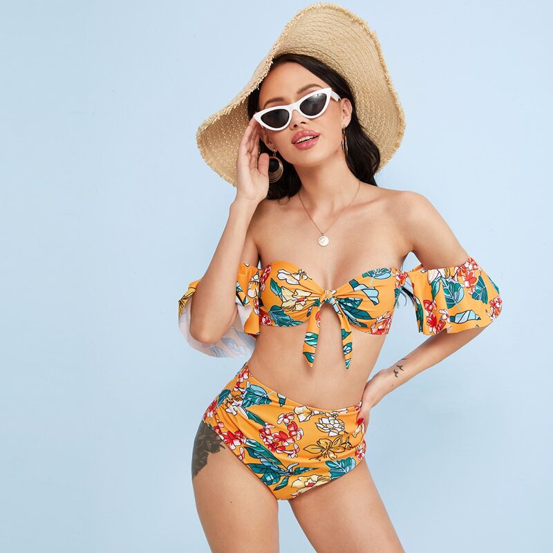 

Tie Front Random Floral Bardot Bikini Swimsuit, Multicolor