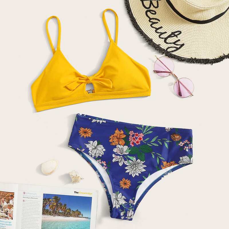 

Floral Print Tie Front Bikini Swimsuit, Multicolor