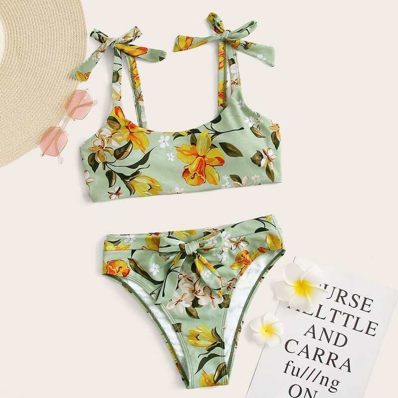 

Tie Shoulder Random Floral Bikini Swimsuit, Multicolor