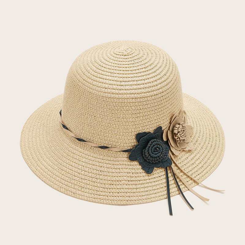 

Flower Decor Straw Hat, Beige