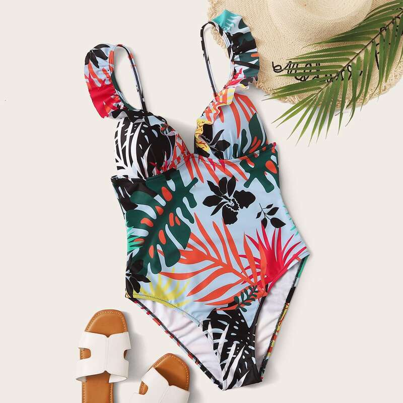 

Tropical Print Ruffle Trim One Piece Swimsuit, Multicolor