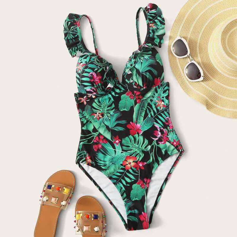 

Tropical Print Ruffle Trim One Piece Swimsuit, Multicolor