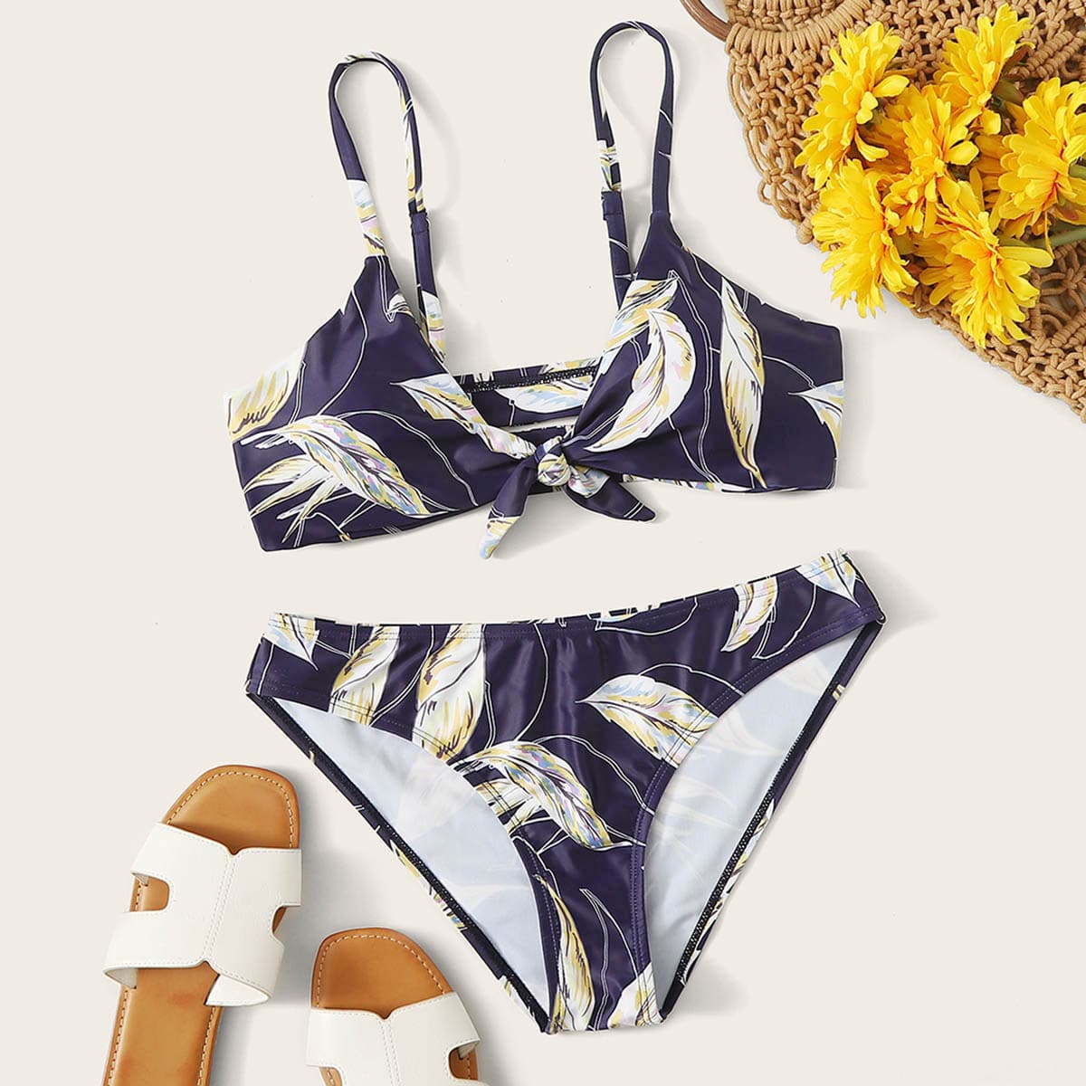 

Leaf Print Knot Bikini Swimsuit, Multicolor