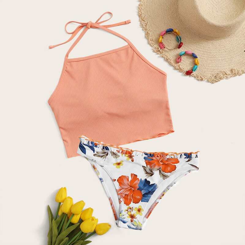 

Floral Rib Halter Bikini Swimsuit, Multicolor