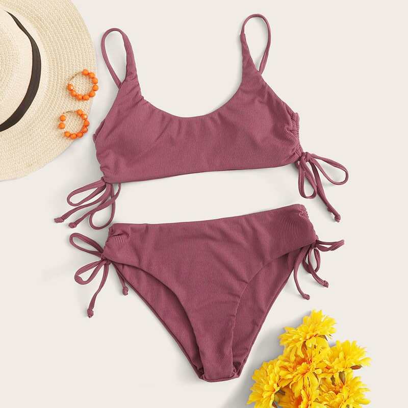 

Ribbed Drawstring Bikini Swimsuit, Pink