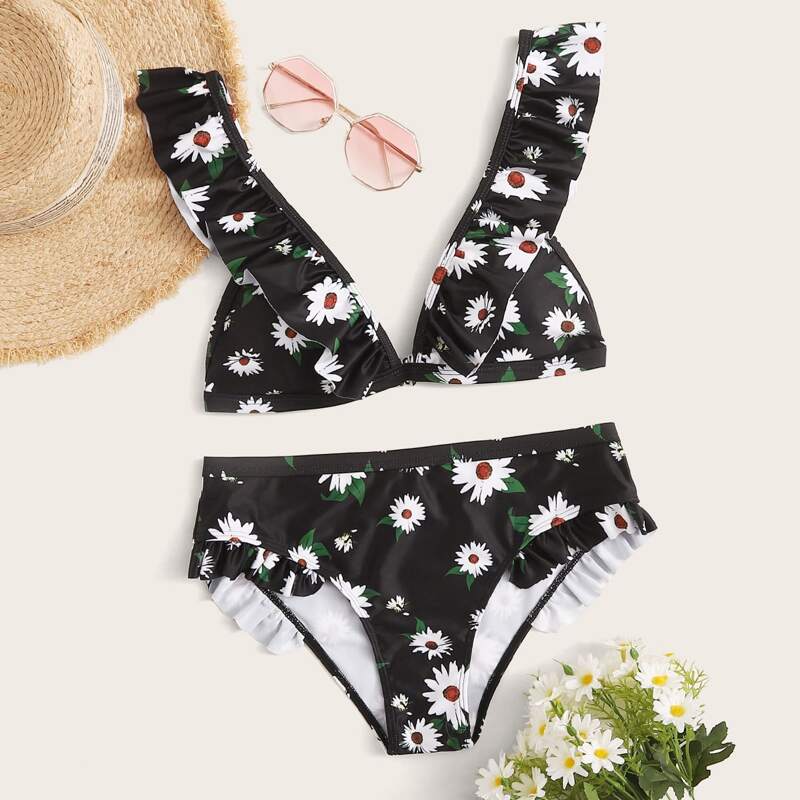 

Daisy Pattern Ruffle Trim Bikini Swimsuit, Black