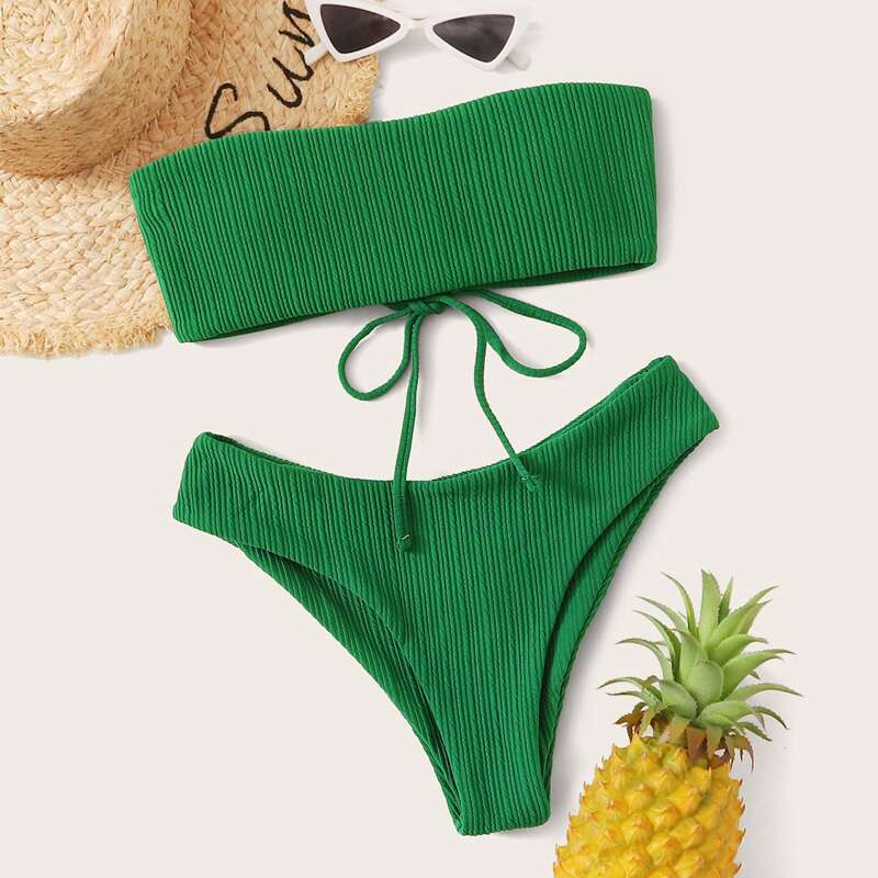 

Rib Lace-up Back Bandeau High Cut Bikini Swimsuit, Green