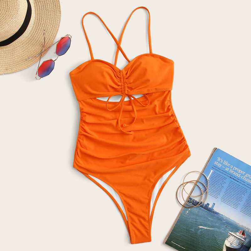 

Drawstring Slimming One Piece Swimsuit, Orange