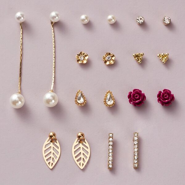 

9pairs Flower Shaped & Water Drop Earrings Set, Multicolor