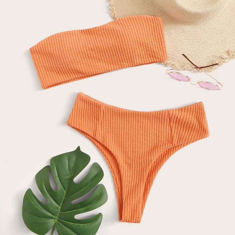 

Rib Bandeau High Waisted Bikini Swimsuit, Orange