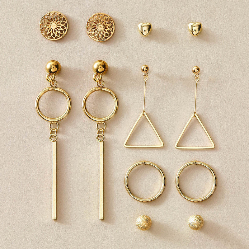 

6pairs Hollow Out Geometric & Heart Shaped Earrings Set, Gold