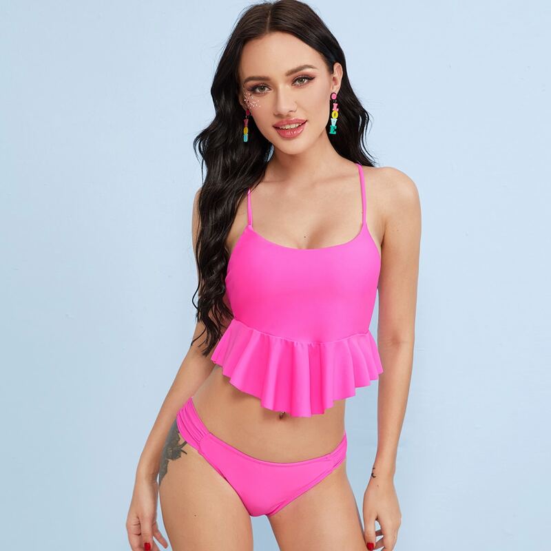 

Ruffle Hem Cheeky Bikini Swimsuit, Pink bright