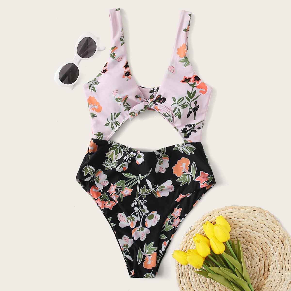 

Floral Cut-out Tie Front One Piece Swimsuit, Multicolor