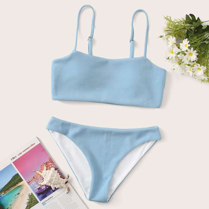 

Blue Ribbed Cami Bikini Swimsuit, Baby blue