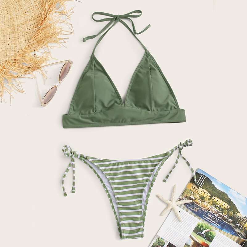 

Triangle Halter Striped Tie Side Bikini Swimsuit, Green