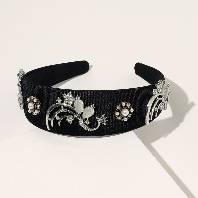 

Faux Pearl Decor Rhinestone Engraved Hair Hoop, Black