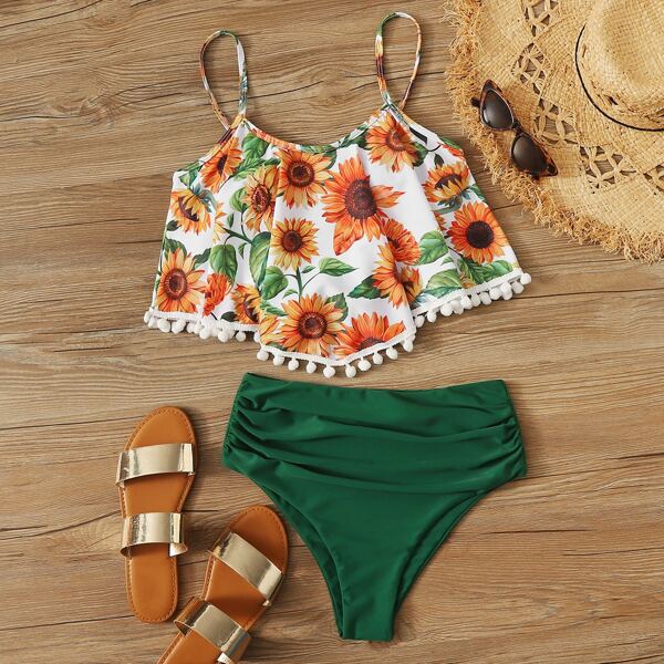 

Pompom Hem Random Sunflower Ruched Bikini Swimsuit, Multicolor