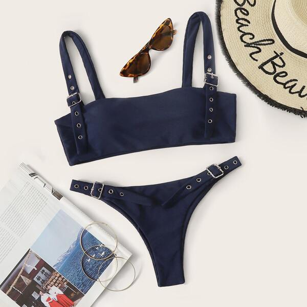 

Eyelet Buckle High Cut Bikini Swimsuit, Navy blue