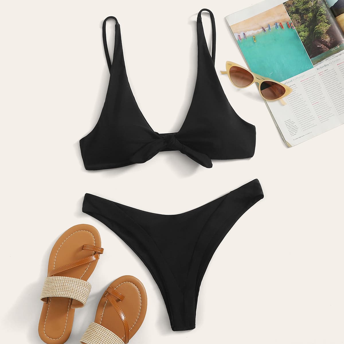 

Tie Front High Cut Bikini Swimsuit, Black